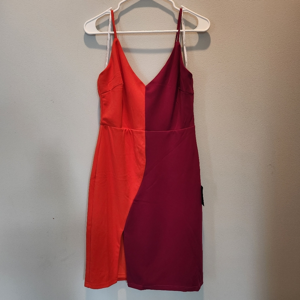 LULUS Perfect Duo Coral Red and Purple Color Block Bodycon Mini Dress